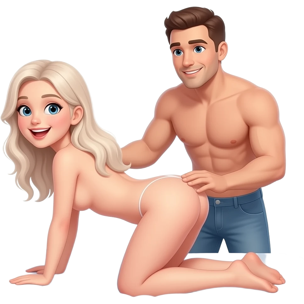 Une fille heureuse, cheveux pâle, pas de vêtement tout nue pencher fesse dans les airs sur le lit et l'homme tout nue pas de vêtement en erection, en arriere de la fille avec une main entre ses fesses emoji