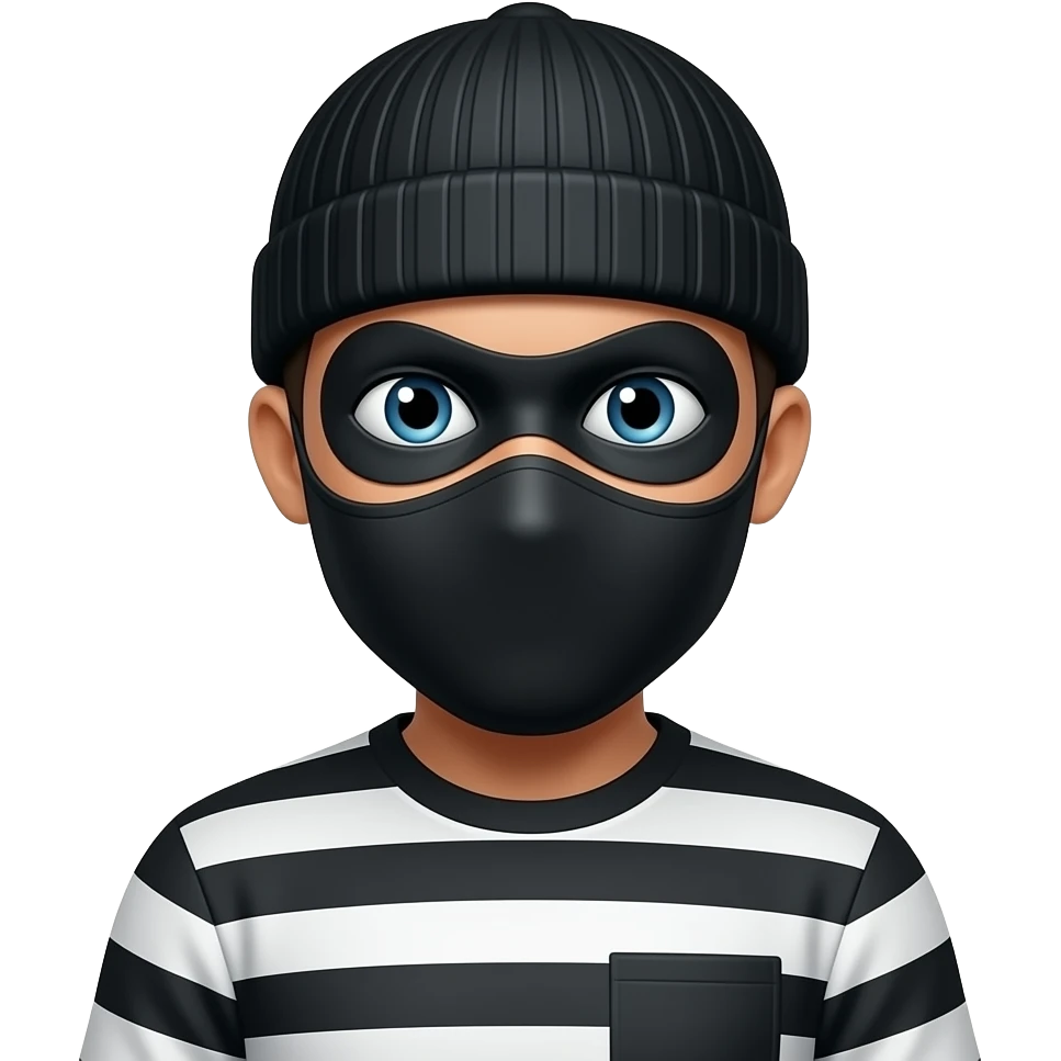 Robber emoji wearing a black and white striped clothes with a black beanie Black mask over the eyes emoji
