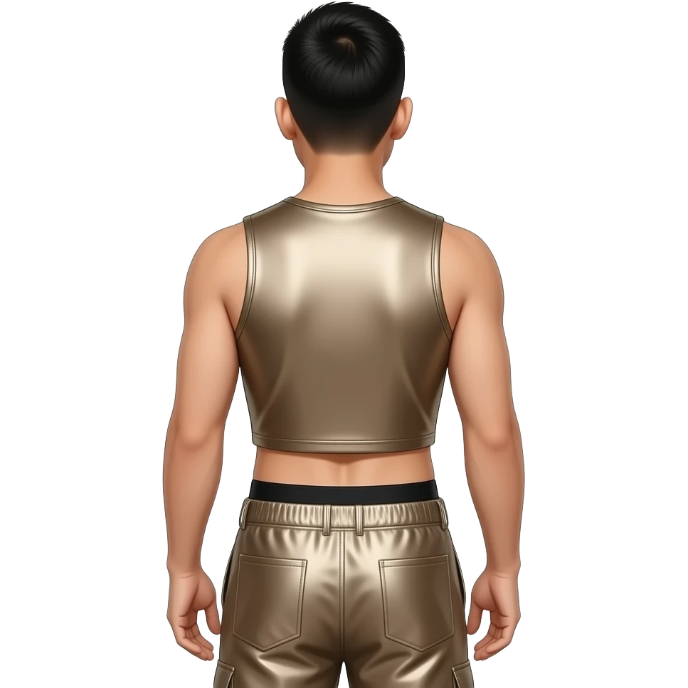 Mike Shinoda from behind with dark beige metallic sweatshirt crop top, dark beige metallic saggy pants with black undies emoji