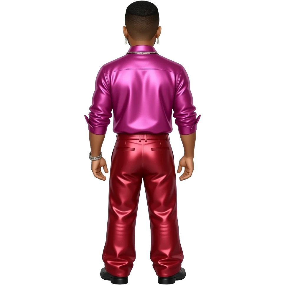 John Legend from behind with hot pink metallic shirt, crimson metallic saggy pants, necklace and earrings emoji