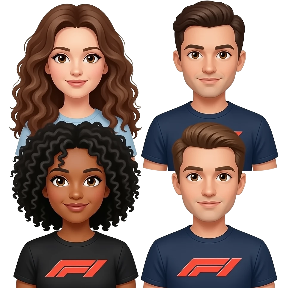 Creame una imagen donde se véan a una chica con el pelo largo rizado marron con los ojos marro es, otra chica con el pelo rizado negro con ojos marrones, dos chico con el pelo marrón y ojos marrones para hacer una camiseta para ir a ver la Fórmula 1 emoji