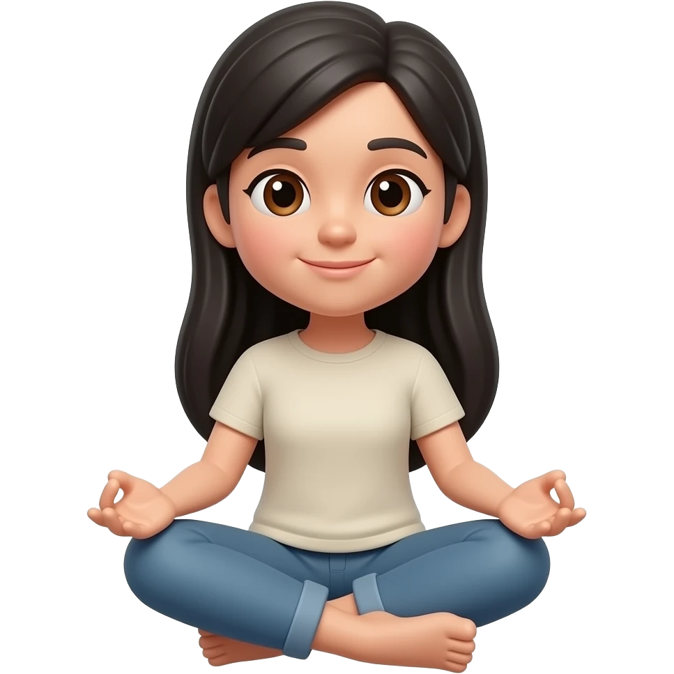 Мультяшная 3D эмоджи девушка,сидит в медитации ,на ней одета легкая майка и штаны,волосы длинные черные глаза карие emoji