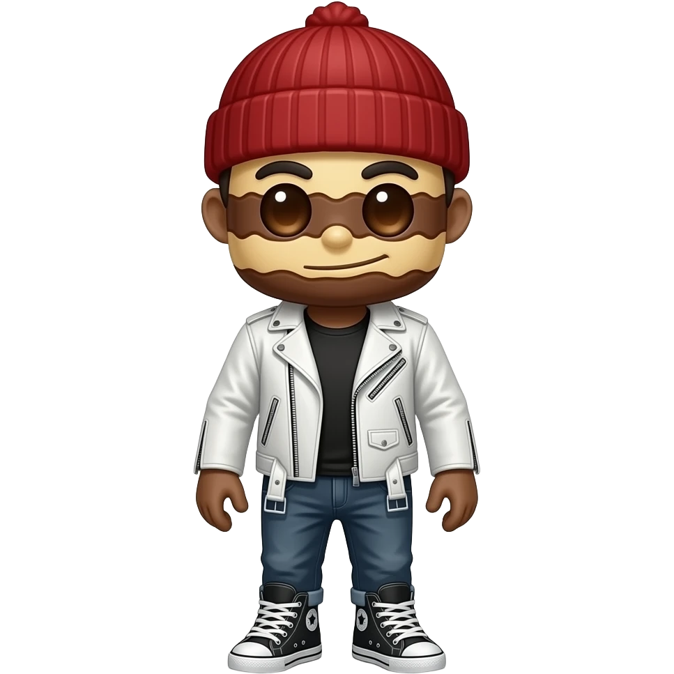 A small, full-body tiramisu golem mascot, layered espresso-soaked sponge and cocoa-powdered brown skin, wearing a sleek white leather motorcycle jacket, dark grey jeans, a red velvet beanie, and matching high-top sneakers. emoji