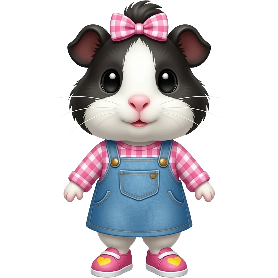 black and white guinea pig with pink long sleeve gingham shirt, jean dress, pink shoes with yellow hearts and a pink gingham bow in hair emoji