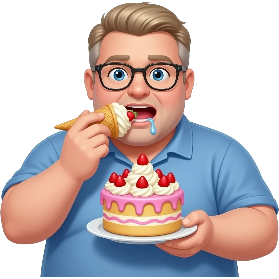 Fat  man with blonde grayish hair wearing glasses drooling while stuffing his face  with a huge ice cream cake emoji