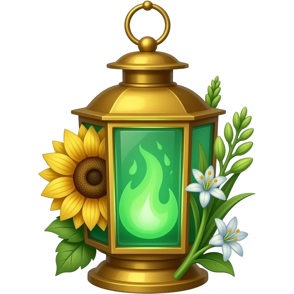 A golden hanging lantern with a bright emerald green flames, an empty loop on top, fae filigree themed sunflowers on the left and asphodels on the right as part of the design, but simple focus more on the green flames, paint the glass more green emoji