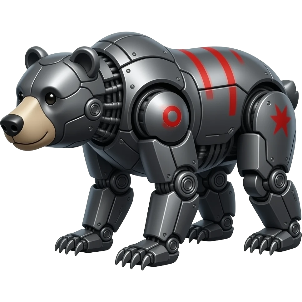 Mechanical grizzly Bear made of dark gray metal with red markings on it. emoji