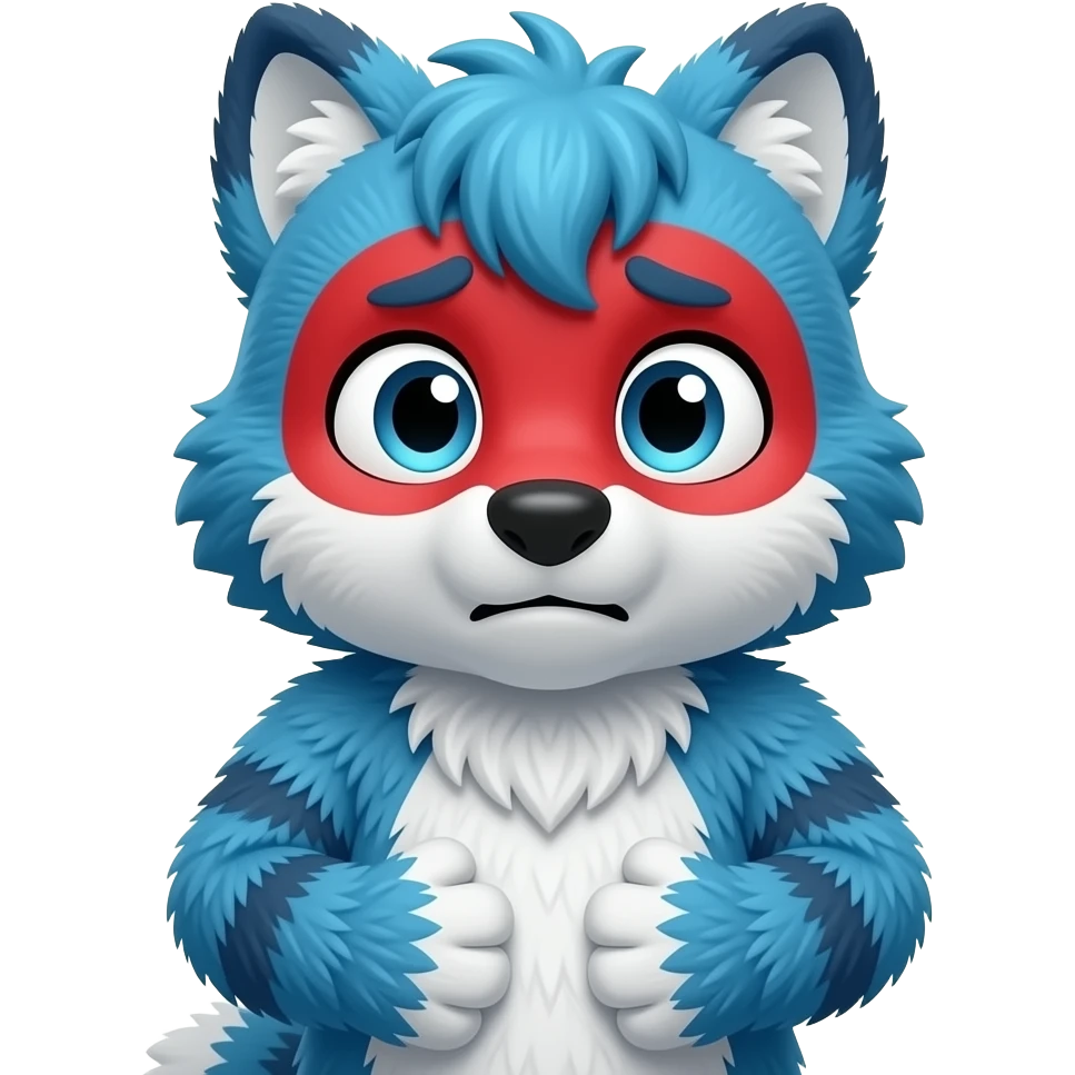 blue fursuit, hands on stomach, uncomfortable, red face emoji