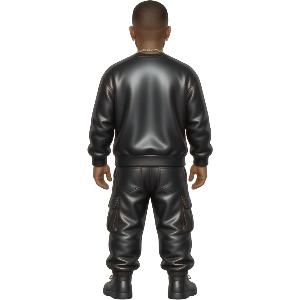 Jay-Z from behind with black metallic sweatshirt, black metallic harem pants, necklace and earrings emoji
