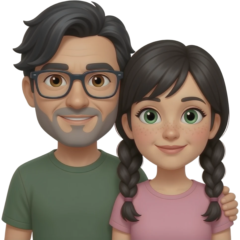 Black haired middle aged guy with floppy straight hair bangs to one side, brown eyes, olive skin, gray beard and clear squared rim glasses tightly hugging a black hair middle age woman with long pigtails, rosy cheeks, nose freckles, and  green eyes emoji