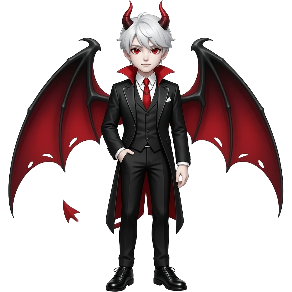 young demonic man with white skin, red eyes, in a gothic style suit with black pants and black, gothic-style shoes emoji