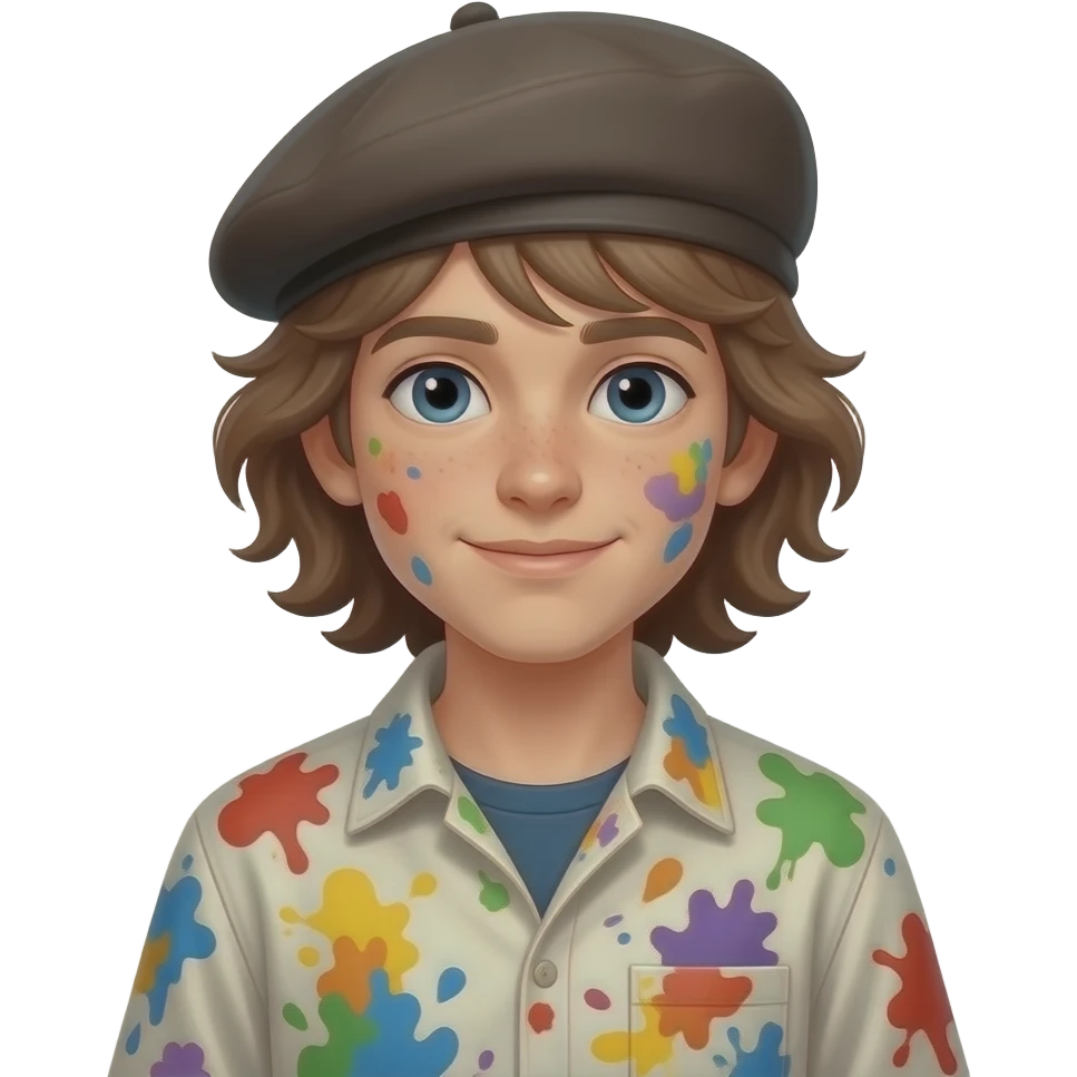 long hair boy artist with beret paint-splattered smock emoji