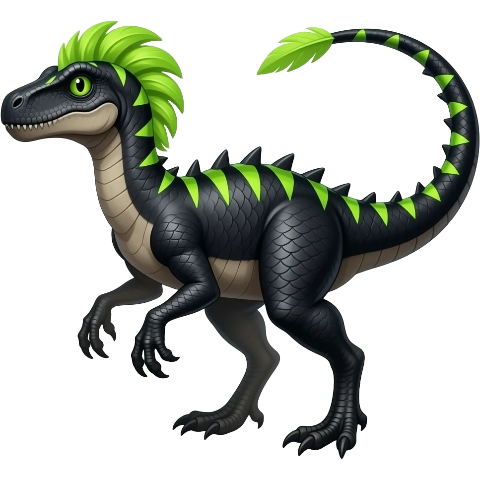 Cool edgy ancient black-scaled with neon-green triangular stripe markings digitigrade vintage futuristic raptorik fantasy-Cyberpunk-Steampunk-Solarpunk-Genesect-Salamence-Tyranitar-Vernid-Fionbri-Fakémon-animal-hybrid, with neon-green feather-mane, and a tail spade, back spikes, full body emoji