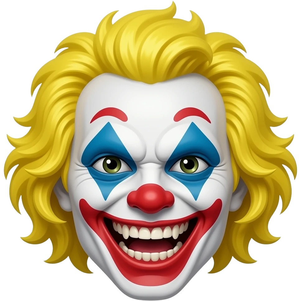 An evil clown with bright yellow hair, head only, wicked grin, hyper real, crazy makeup, scary, hyper real, ultra real emoji