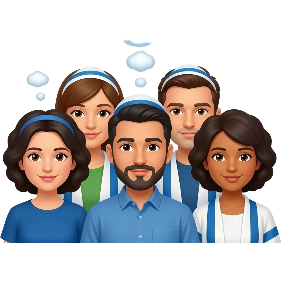 A group of NON WHITE people from Israel with thought bubbles  above their head. All of the thought bubles say "I know God". These people are Israeli, not white. NOT WHITE PEOPLE emoji