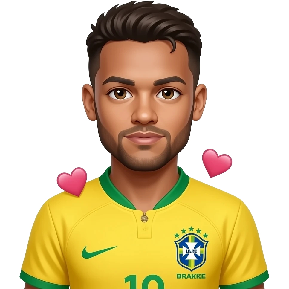 Neymar emoji, SAME Brazil jersey, chest-up, centered, 2 ❤️ randomly placed near neck and shoulder, glossy 3D cartoon style, no text. emoji