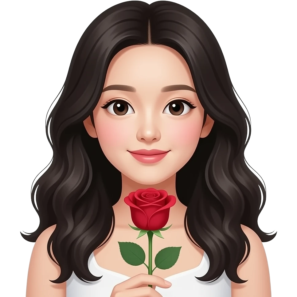 Mujer coreana recibiendo una rosa, que la chica sea piel muy clara, cabello ondulado y negro y con ojos asiáticos emoji