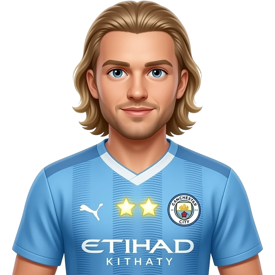 Haaland-inspired 3D emoji, full Manchester City jersey, 2 glowing stars near chest logo. emoji