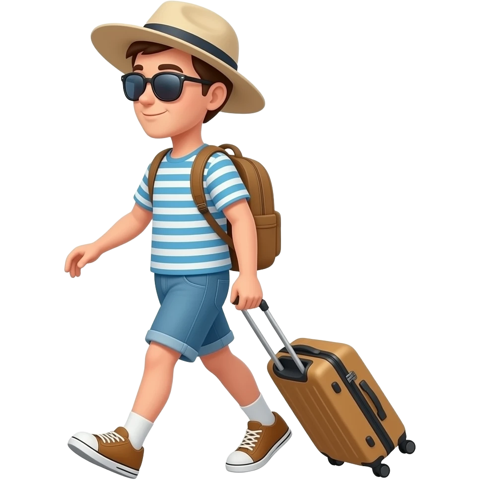 passager avec une valise vu de profil en vetement de vacances emoji