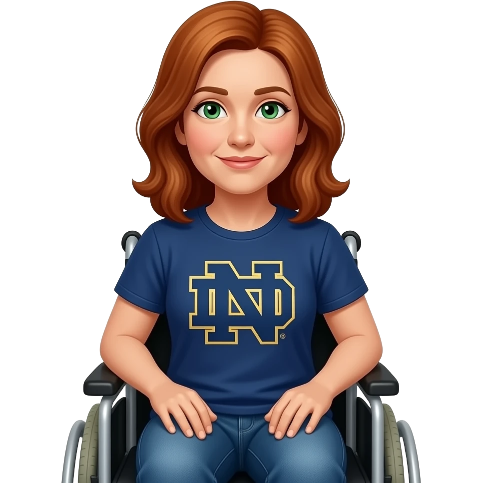 older female shoulder length red hair green eyes wheelchair jeans Notre dame t-shirt emoji