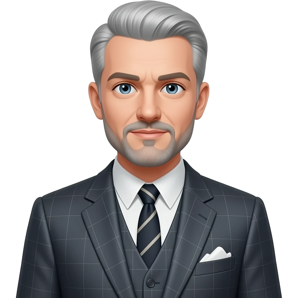 Male, silver-grey hair, goatee, light-blue eyes, 1950s dark grey three piece suit emoji