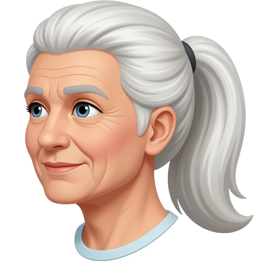 An elderly woman with long white hair tied back in a ponytail emoji