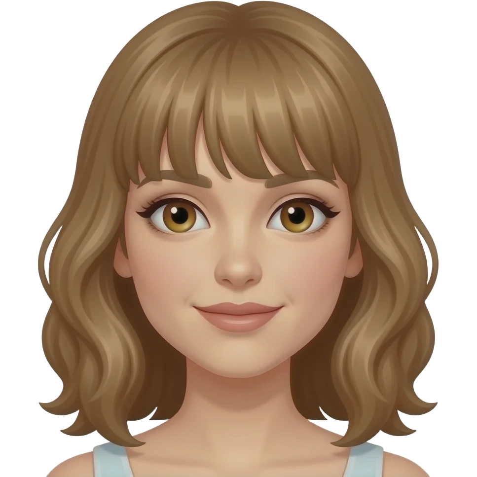 White female w hazel eyes light brown wavy shoulder length hair w bangs swept to the side emoji