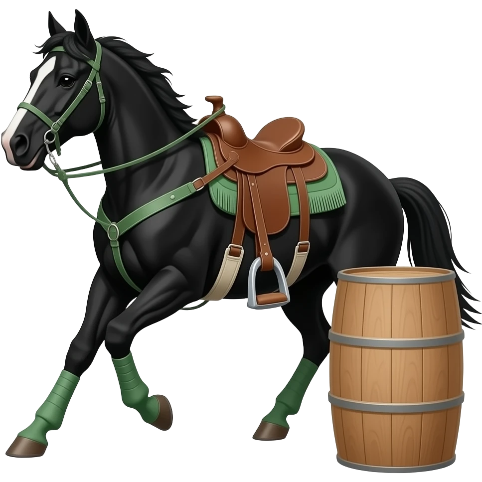 ottb black gelding running home from the third barrel in barrel racing with western tack and sage green saddle pad,  sage green splint boots,Bell boots, sage green breastcollar, fringe, and sage green reins emoji