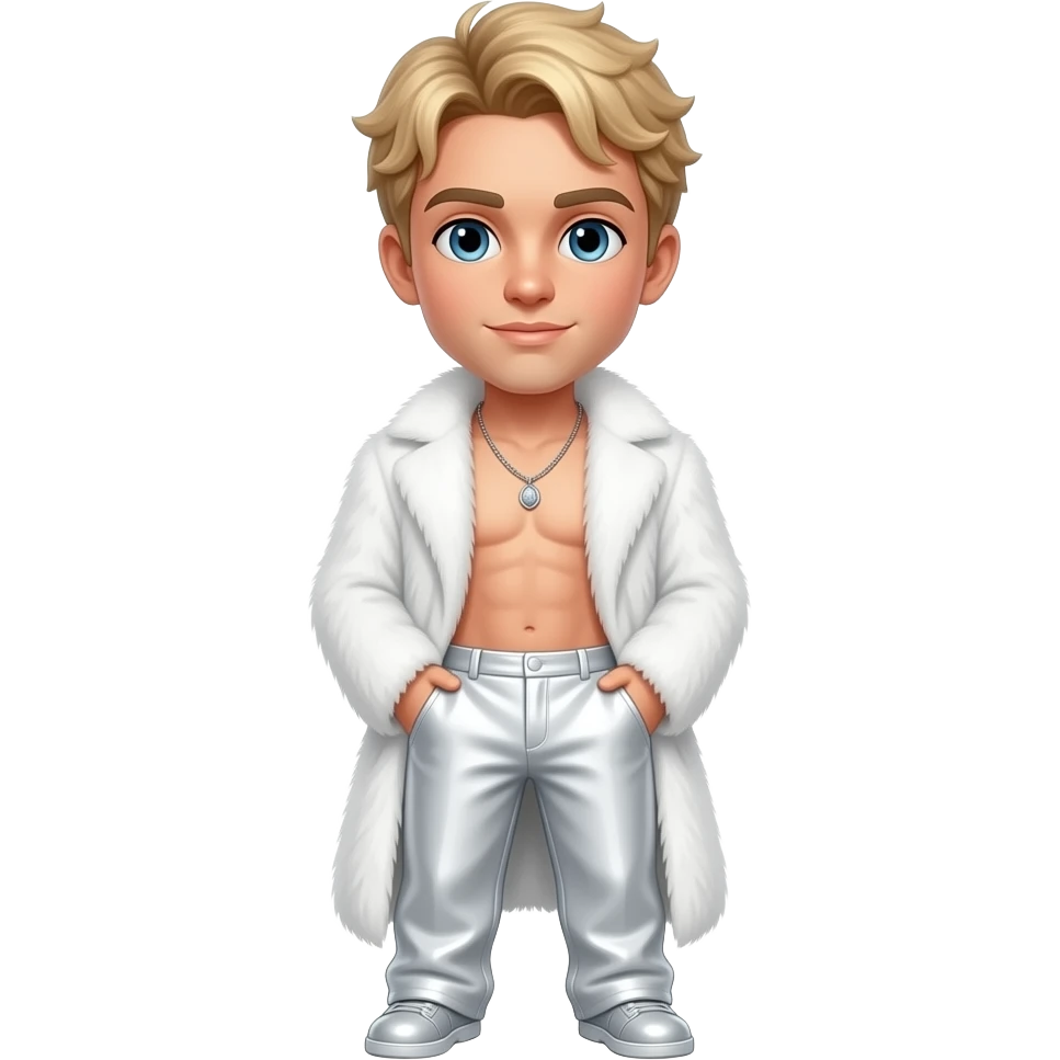 Nick Carter with blue eyes, blonde hair, white fur coat, white metallic baggy pants, shirtless with necklace emoji