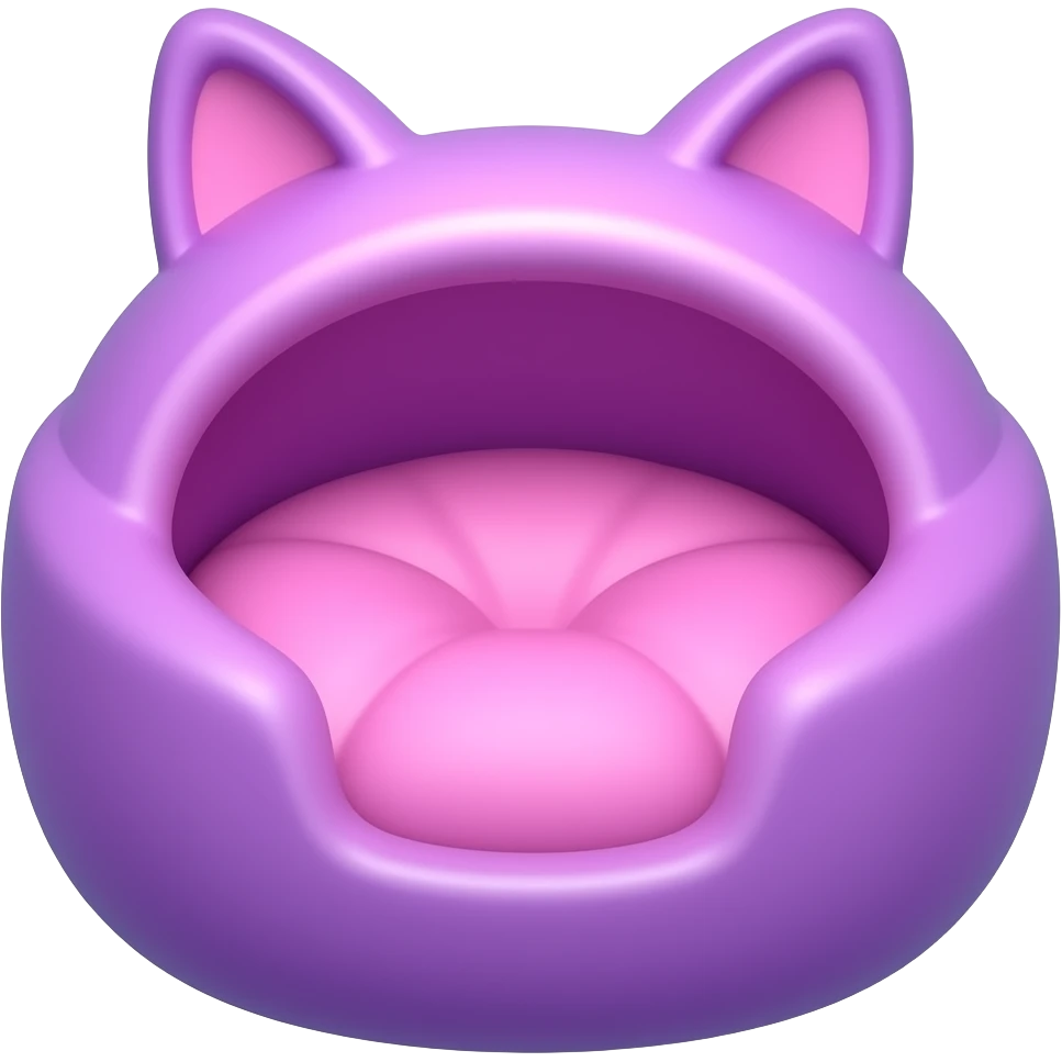 Create a cute polished 3D game icon of a cozy cat bed. Soft round cushion shape with raised edges, purple and pink colors, plush fabric texture, rounded details, gentle shadow. Empty bed only, no cat, no animal, no character, no face, transparent background, no text. emoji