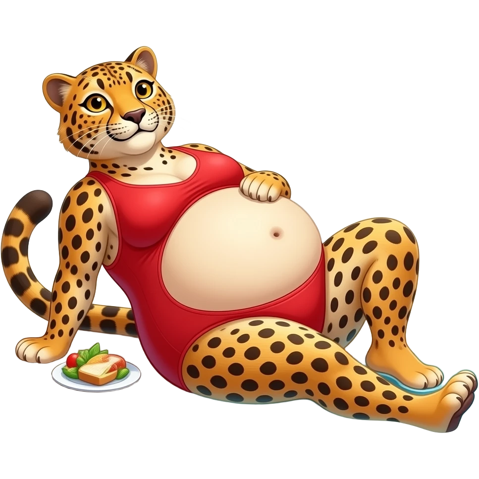 A cheetah enjoys beach holiday in her swimmers,but she is so full from a lunch break that she is about to burst,Then her fat Tummy rolls & drops out,she will just lay on her back in the shallow cool water,her gluttonous belly promotes a good resort business. emoji