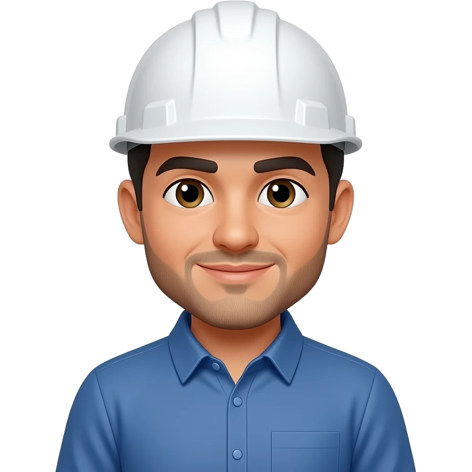Emoji estilo Memoji de hombre latino, piel clara, barba corta, con casco blanco de ingeniero y camisa azul manga larga, expresión confiada emoji