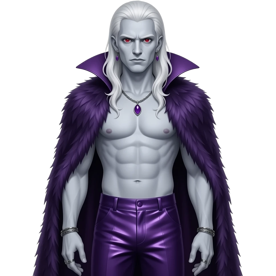 Dracula with pale grey skin, red eyes, long white hair, deep purple fur shawl, deep purple metallic baggy pants, shirtless with necklace and earrings emoji