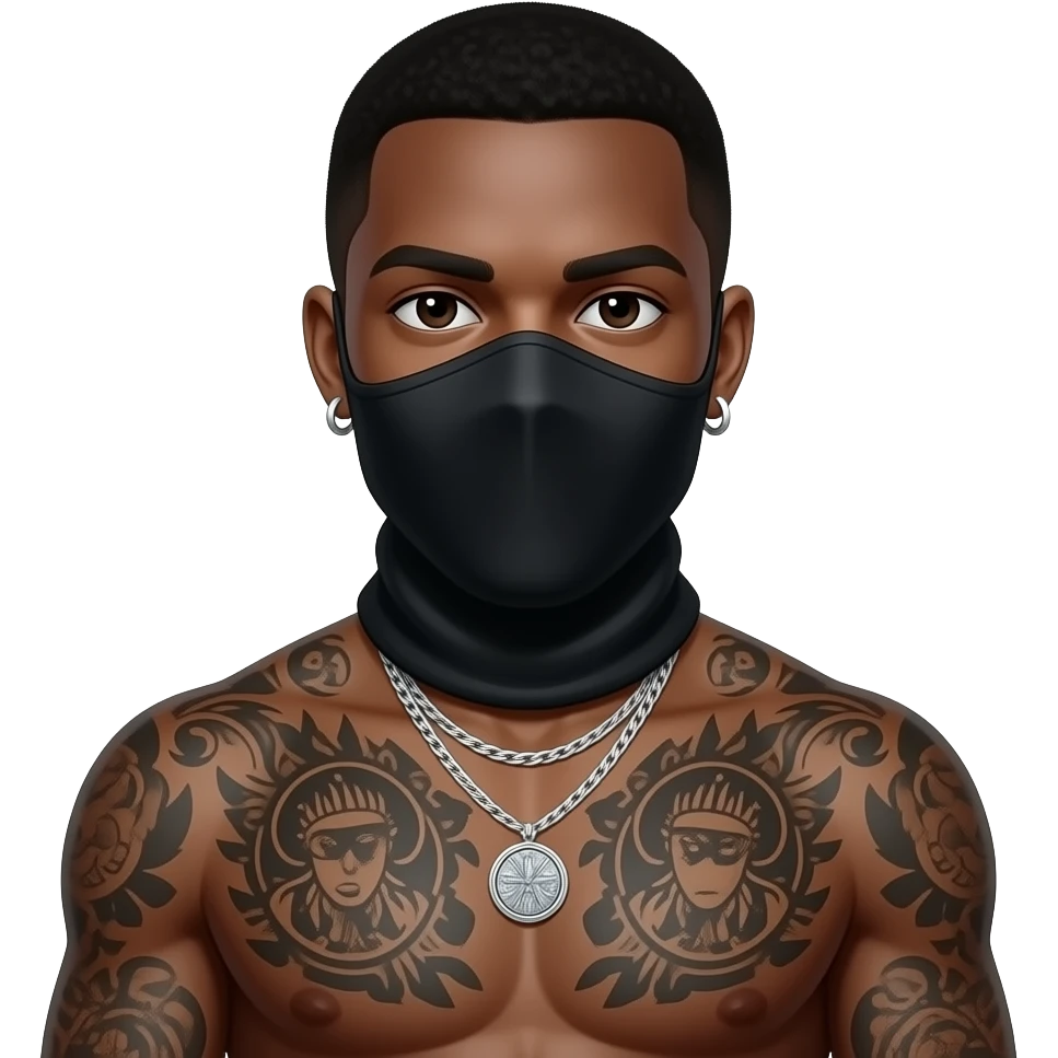 Black male  tattoos jewelry ski Mask  shirtless emoji