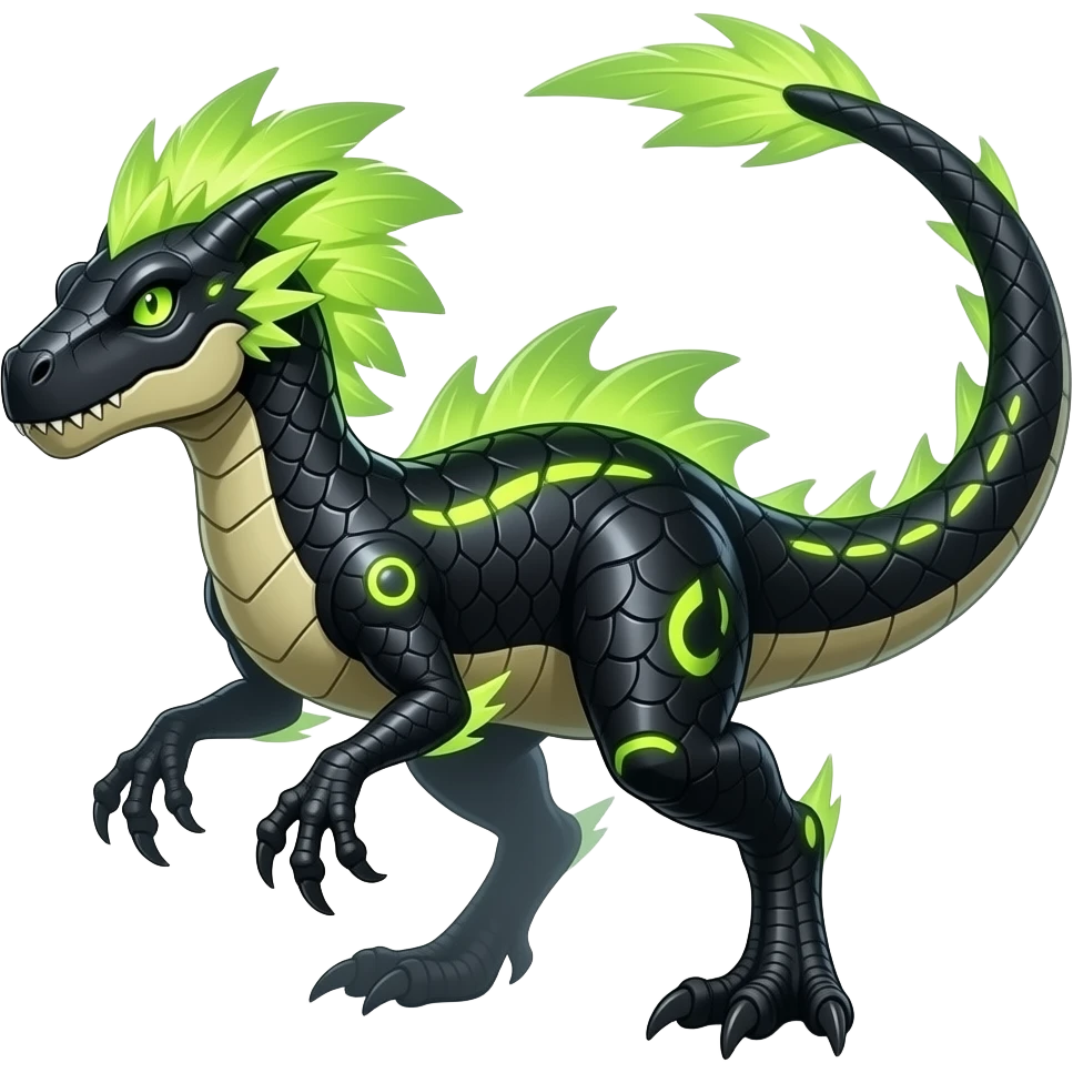 Cool edgy fiery cybernetic technological black-scaled with neon-cyan stripe markings digitigrade bipedal futuristic raptorik fantasy-Cyberpunk-Steampunk-Solarpunk-Genesect-Salamence-Cyclizar-Salazzle-Feraligatr-Fakémon-animal-hybrid, with neon feather-mane, and a tail blade, back spikes, full body emoji