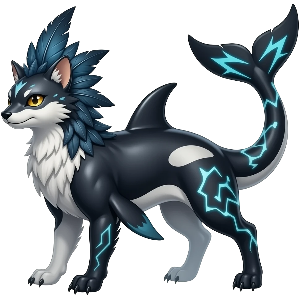 Tough realistic glossy feathery oily smooth Quadrupedal digitigrade shiny glossy smooth finned frilled gothic tall slim unique epic legendary shiny edgy cool cyberpunk-solarpunk-fantasy-Sharpedo-Sceptile-Sprigatito-Flyogn-Vaporeon-Electrike-Fakémon-hybrid with an orca tail emoji