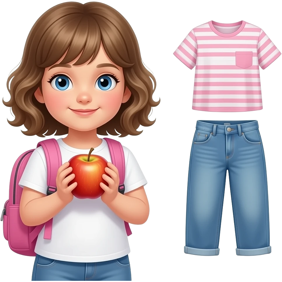white kid blue eyes mid length hair to her shoulders with bangs soft curly hair to shoulders in color: middle to little darker blond. holding an apple in her hands with a pink backpack beside her and on the other side tomorrows outfit emoji