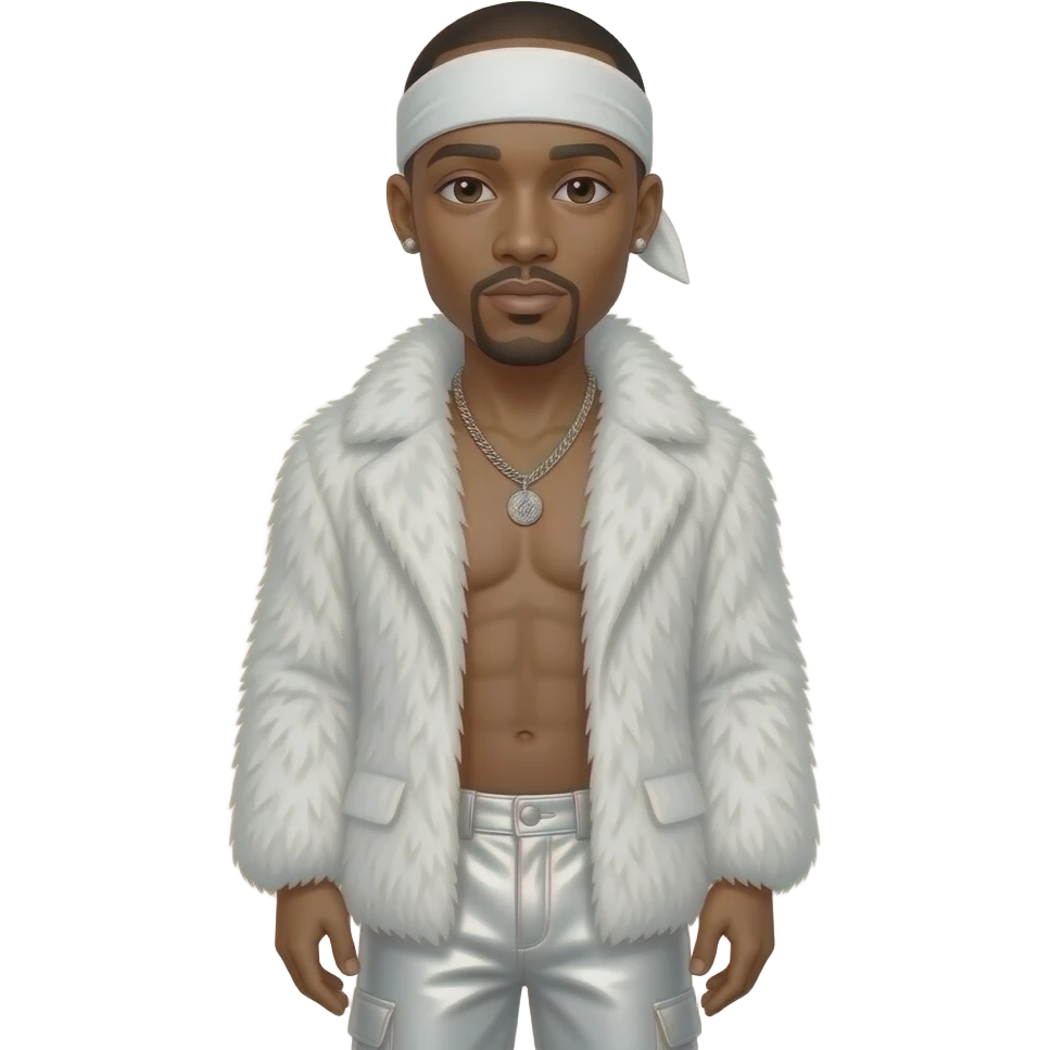 Tupac with brown eyes, bald head, white headscarf, white fur shawl, white metallic baggy pants, shirtless with necklace and earrings emoji