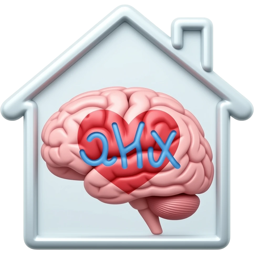 a brain and an inscribed heart inside of a house emoji