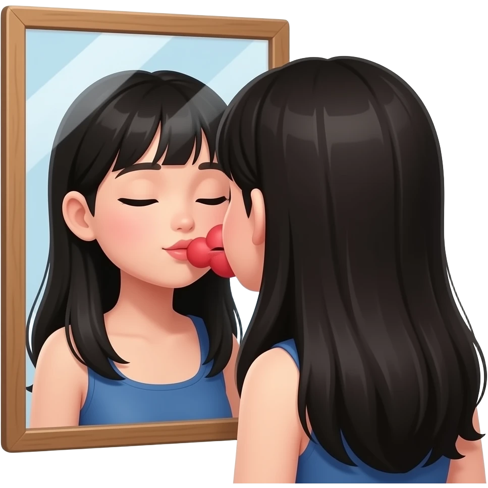 Девушка с длинными черными волосами, целует свое отражение в зеркале emoji
