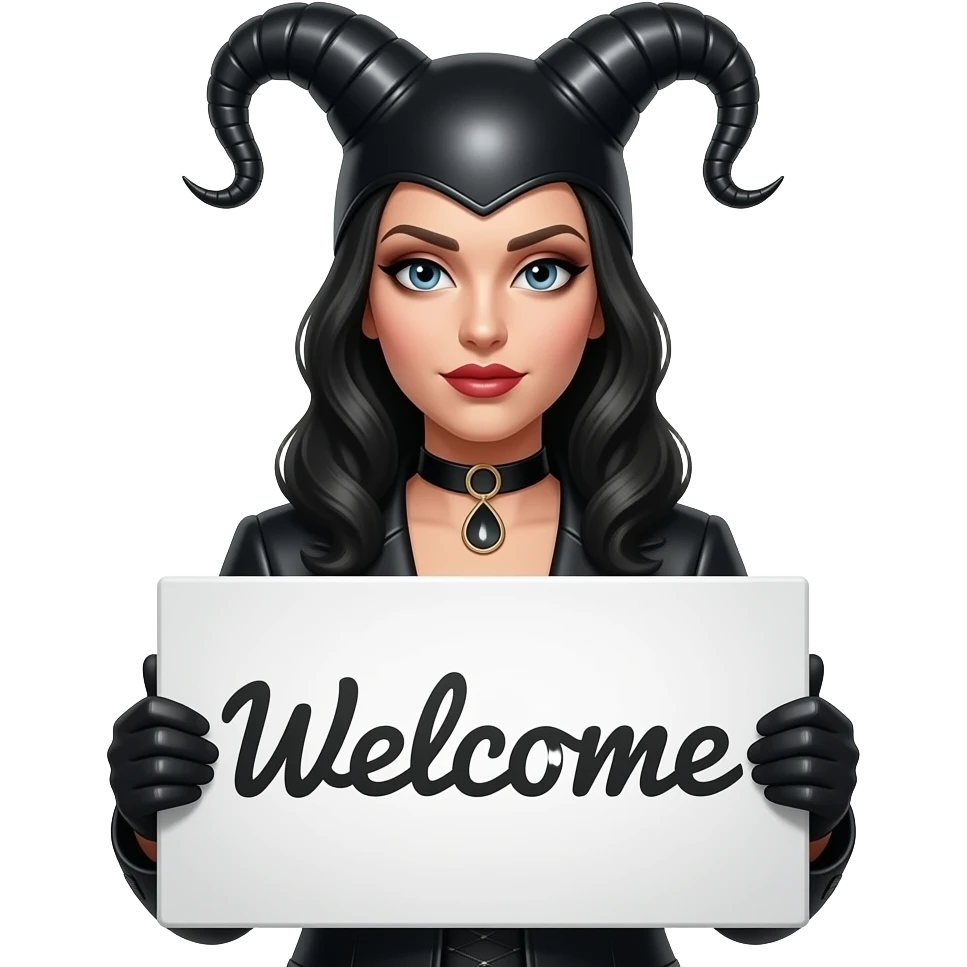 Make a picture of a domme holding a sign "welcome" emoji