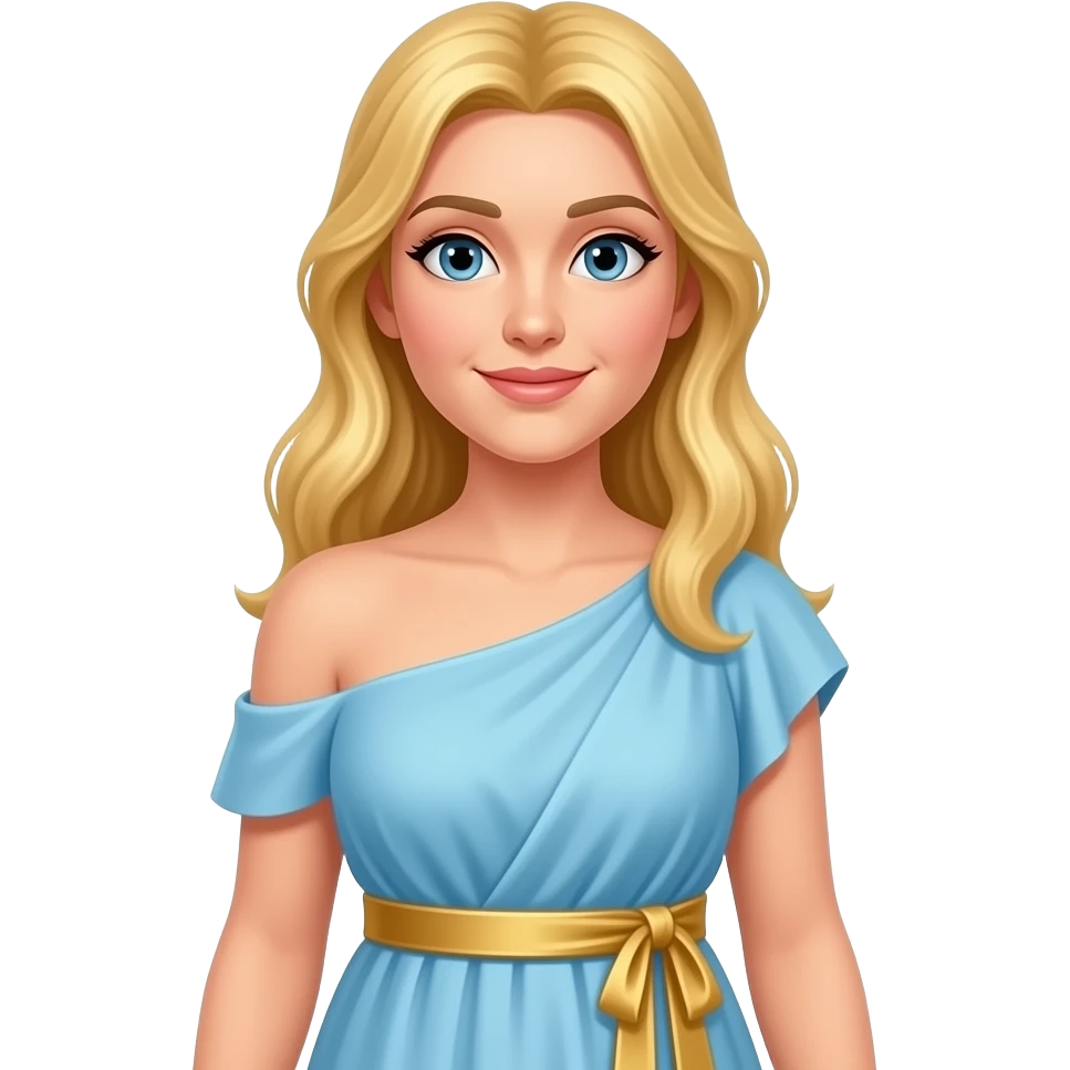 Greek godess with blonde hair, light blue dress that covers both shoulders and golden obi belt emoji