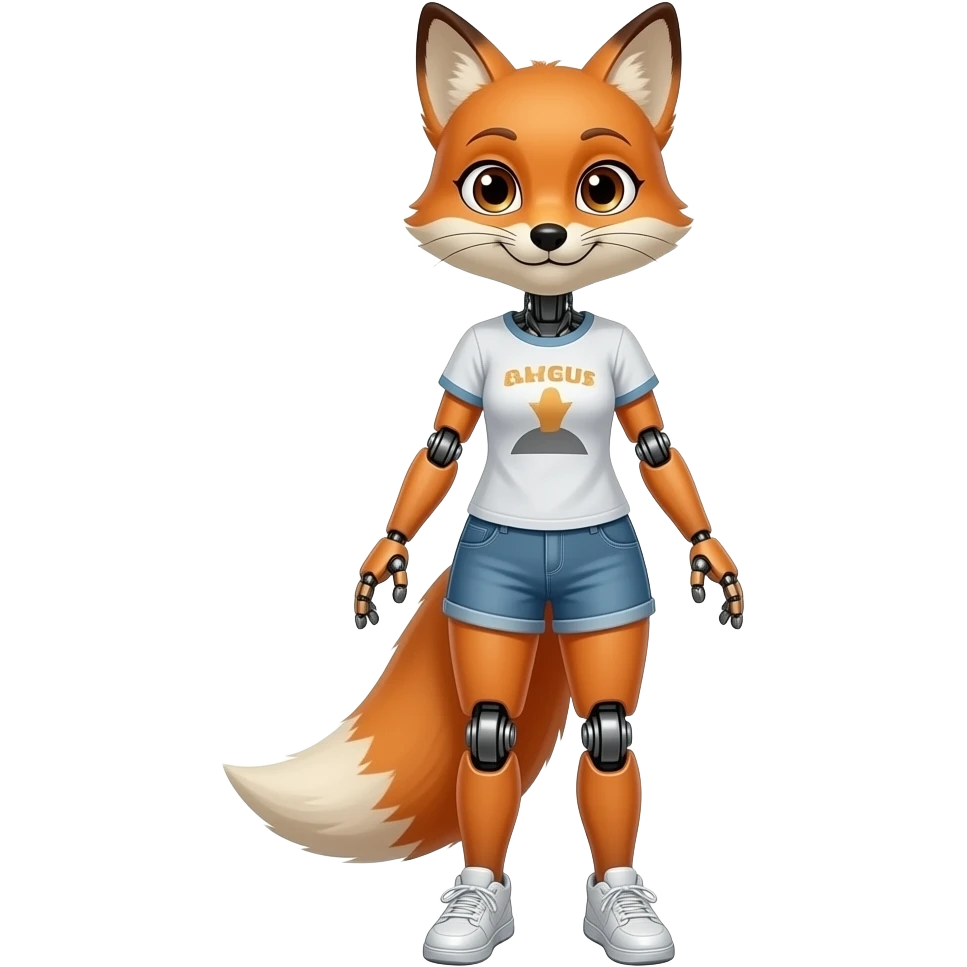 A humanoid robot female fox wearing a tee shirt and shorts emoji