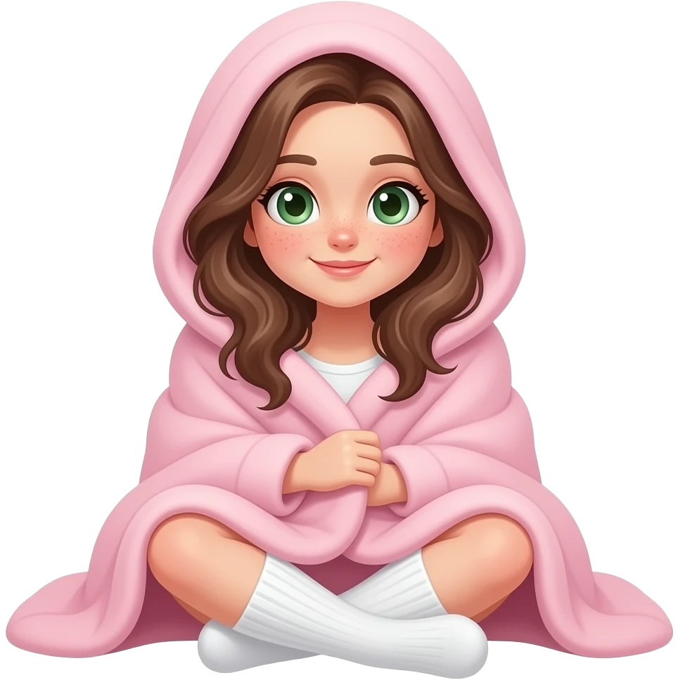 Brown wavy long hair green eyes cute face with freckles pretty girl wearing white cosy socks  covered with pastel pink blanket on head all body under blanket all girl visible Sitting in cosy pose emoji