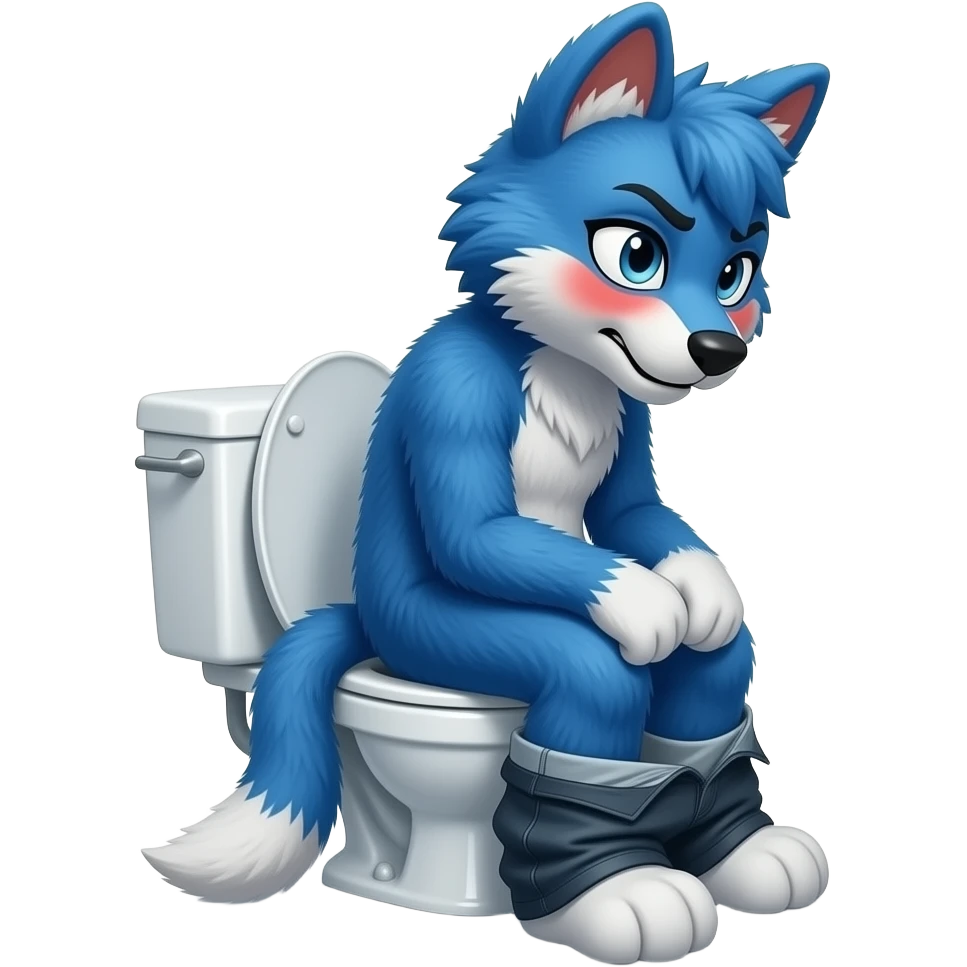 blue fursuit sitting on toilet, side view, pants down, straining red face emoji