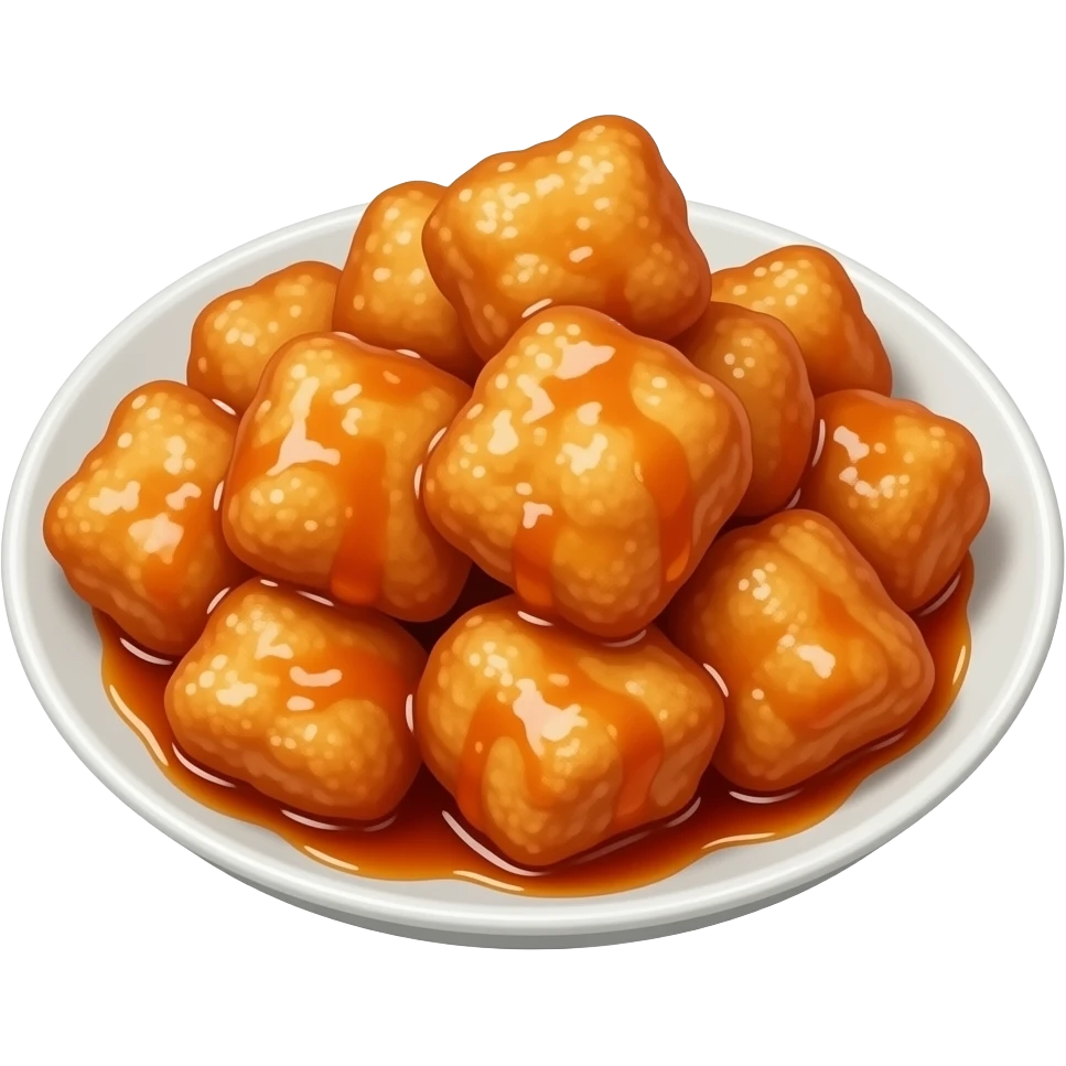 3D emoji style Korean tangsuyuk on a white plate, 
golden-brown crispy fried pork coated in glossy 
sweet and sour sauce, Apple emoji aesthetic, 
soft highlights, transparent background, bold simple shapes emoji