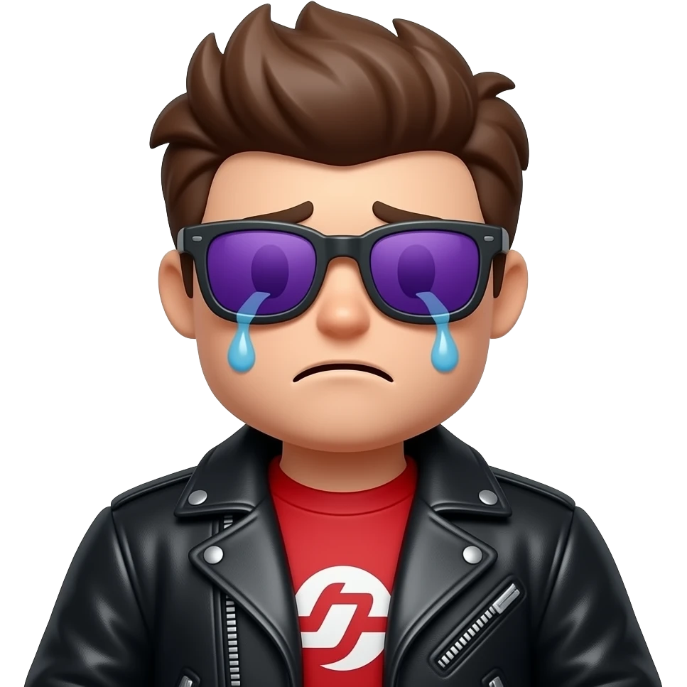 Crying Roblox boy avatar emoji, brown hair, purple sunglasses, black leather jacket, red shirt with... logo emoji