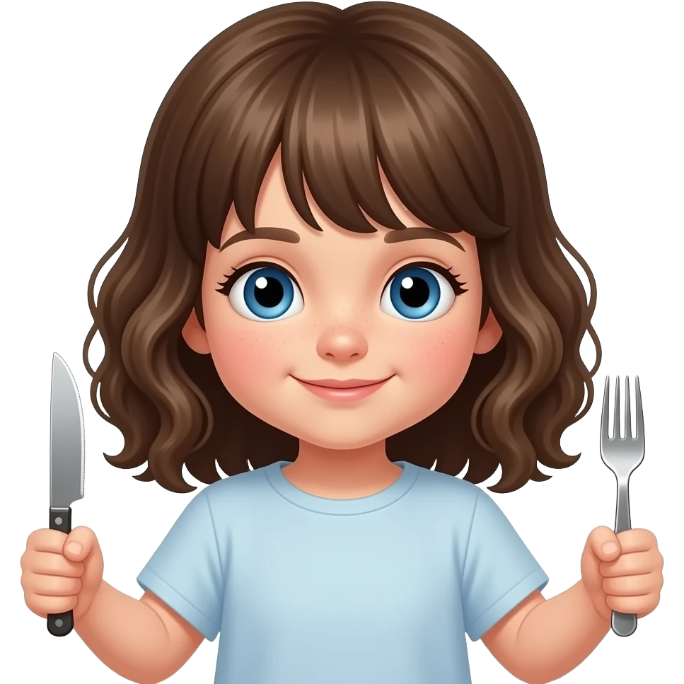 white kid blue eyes mid length hair to shoulders with bangs soft curly hair to shoulders in color: middle to little darker blond. with knife and fork emoji