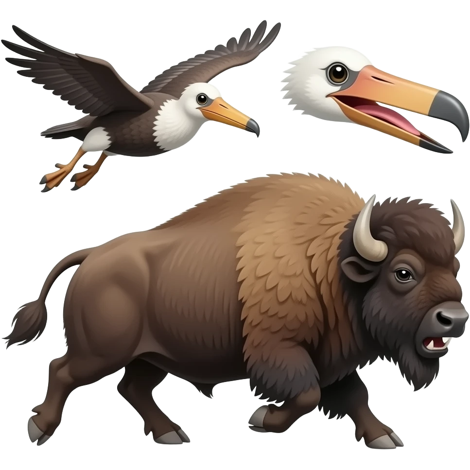 Pelagornises and bison running from smilodon roaring emoji