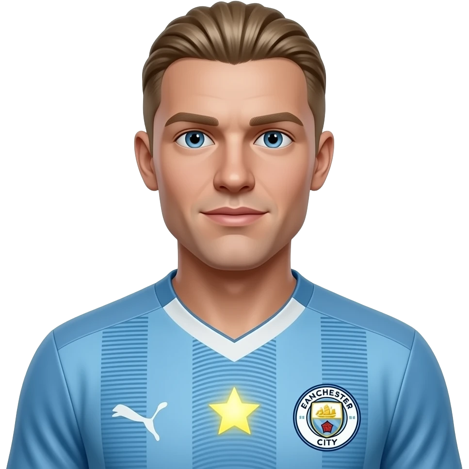 Haaland-inspired 3D emoji, full Manchester City jersey, 1 glowing star near jersey number. emoji